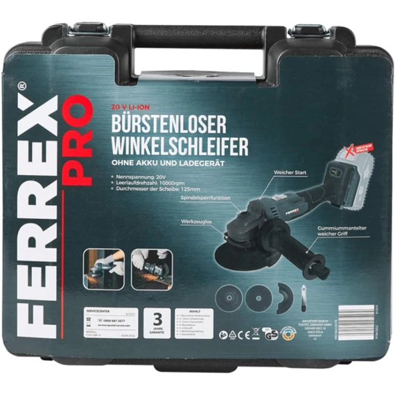 Ferrex Pro szénkefe nélküli sarokcsiszoló, flex 20 V LI-ION akkumulátor és töltővel