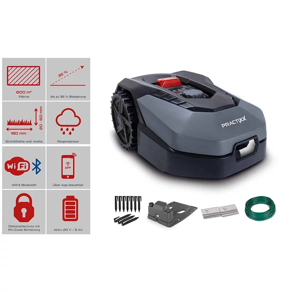 Practixx PX-RRM-600Wi Robotfűnyíró garázzsal, Vezérlés alkalmazáson keresztül WiFi-n vagy Bluetooth-on keresztül