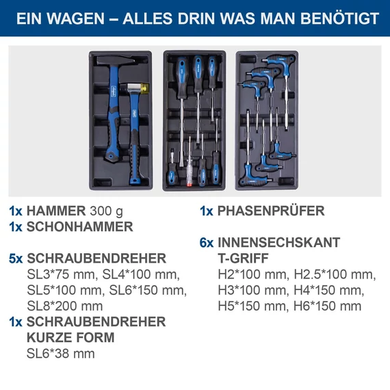 Scheppach TW1150 Műhelykocsi, 70 darabos szerszámkészlet